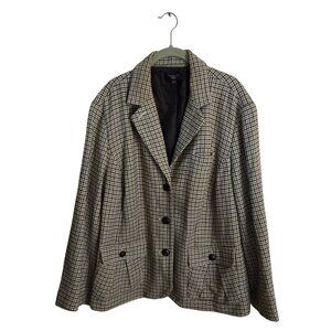 Talbots Plussize Green Plaid Wool Blend Leather Button Academia Blazer Size 22w